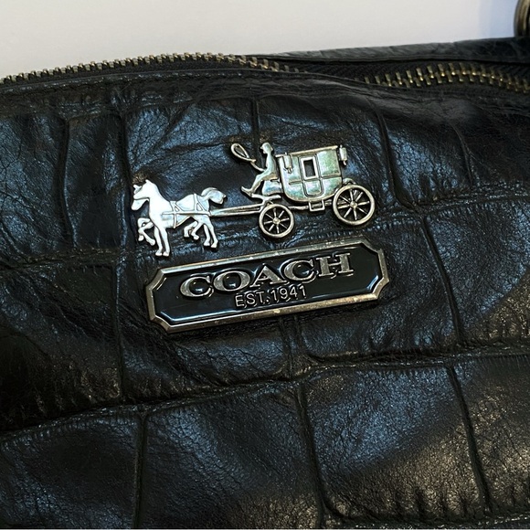 COACH BLACK CROC PRINT LEATHER ZIP CLOSURE TOP HANDLE SILVER BUCKLE PURSE BAG - Picture 8 of 12